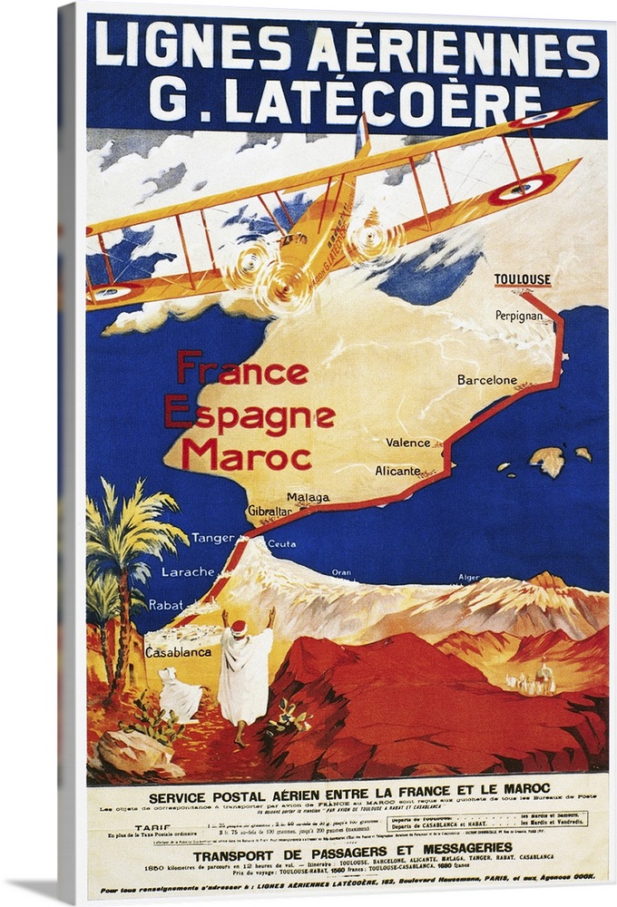 A poster for the French airline Lat?co?re, promoting its air mail and passenger service to Spain and Morocco.