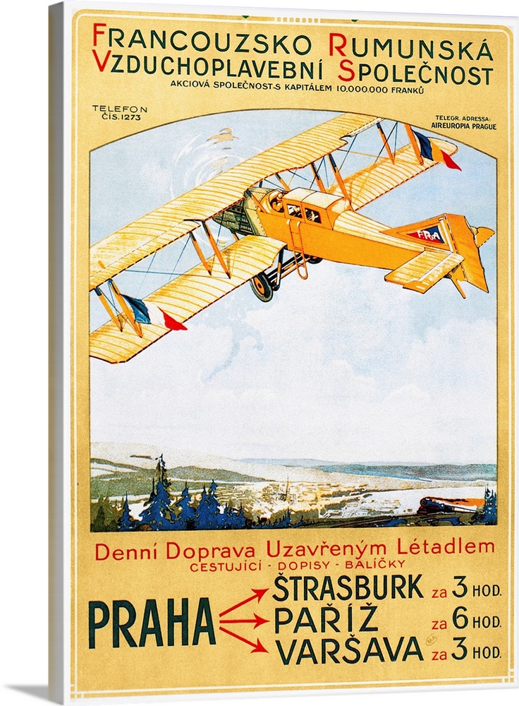 Poster for the Franco-Roumaine passenger airline which flew between Eastern Europe and France, depicting a Potez VII bipla...
