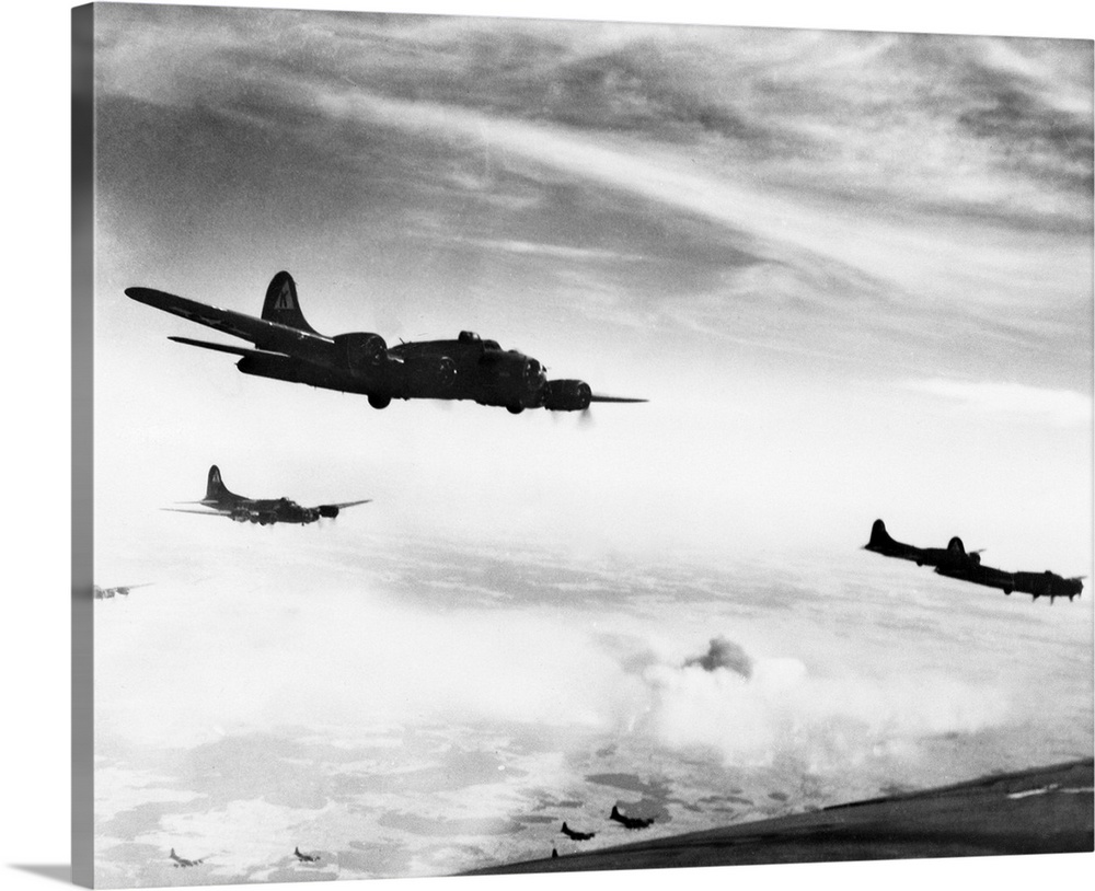 B-17 Flying Fortresses of the U.S. Air Force flying over Schweinfurt, Germany. Photograph, c1944.