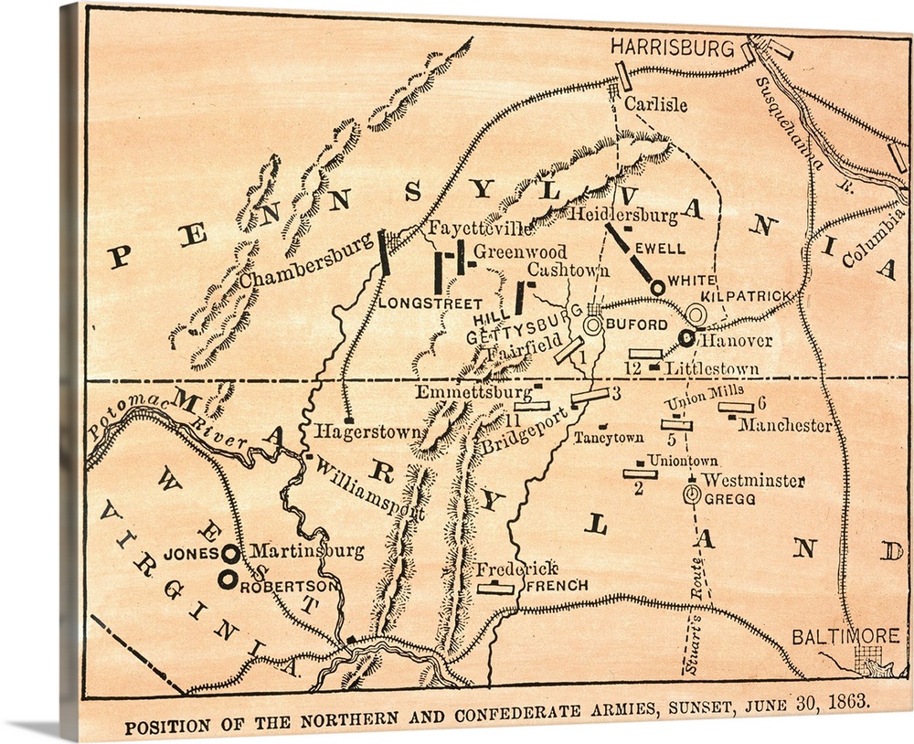 Battle Of Gettysburg, 1863. Map Showing the Positions Of the Union And Confederate Forces On the Eve Of the Battle Of Gett...