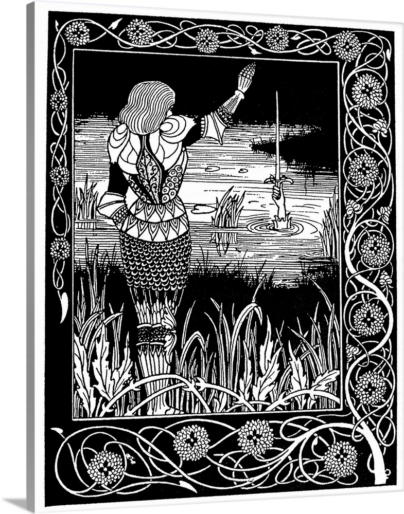King Arthur prepares to receive the sword Excalibur from the Lady of the Lake. Drawing by Aubrey Beardsley from an 1894 ed...