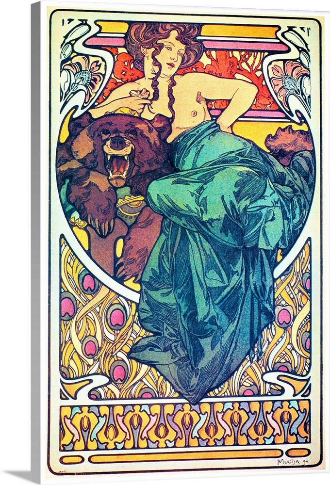 Woman on a bearskin rug. Lithograph by Alphonse Mucha, 1902.