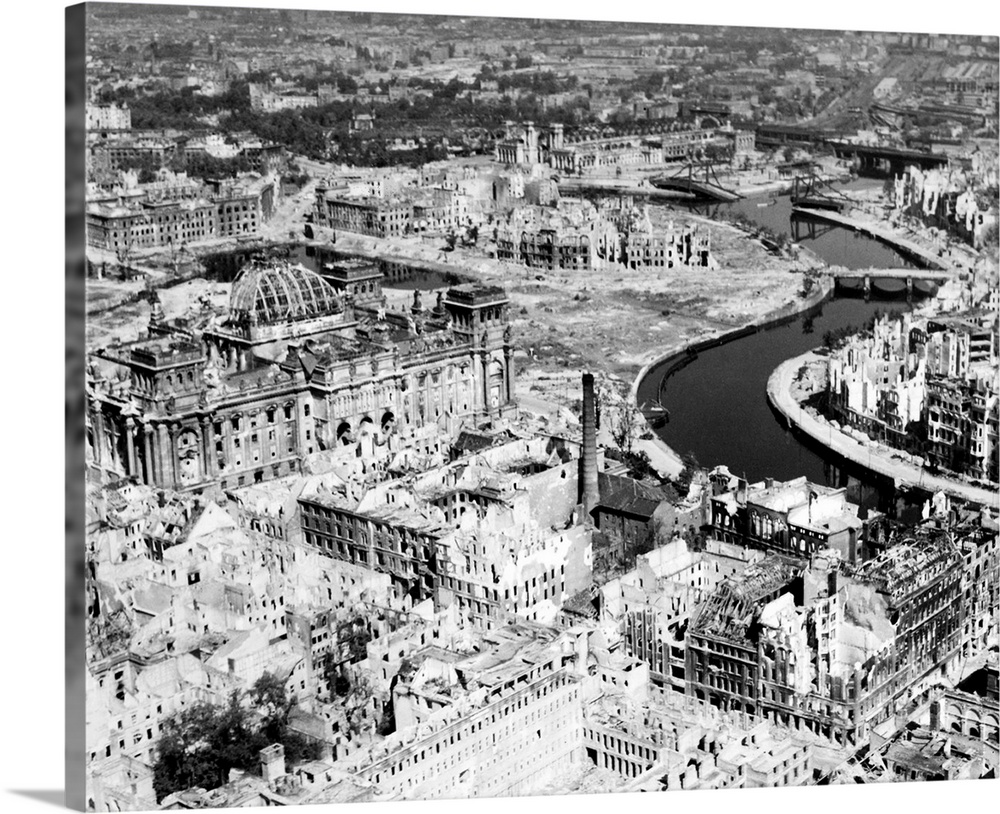 Berlin in ruins after Allied air strikes at the end of World War II. At left center is the Reichstag. Photograph, 1945.