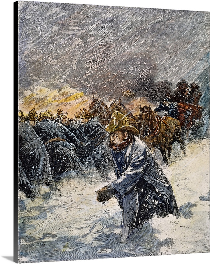 Firemen struggle to answer a fire alarm during the great blizzard of March 12-14, 1888. Contemporary colored engraving.
