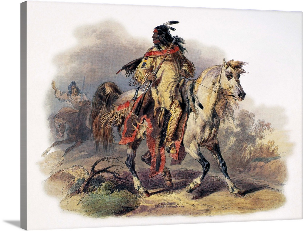 Bodmer, Blackfoot Horseman. A Blackfoot Native American Man Riding On Horseback At Fort Mckenzie, Montana. Aquatint Engrav...
