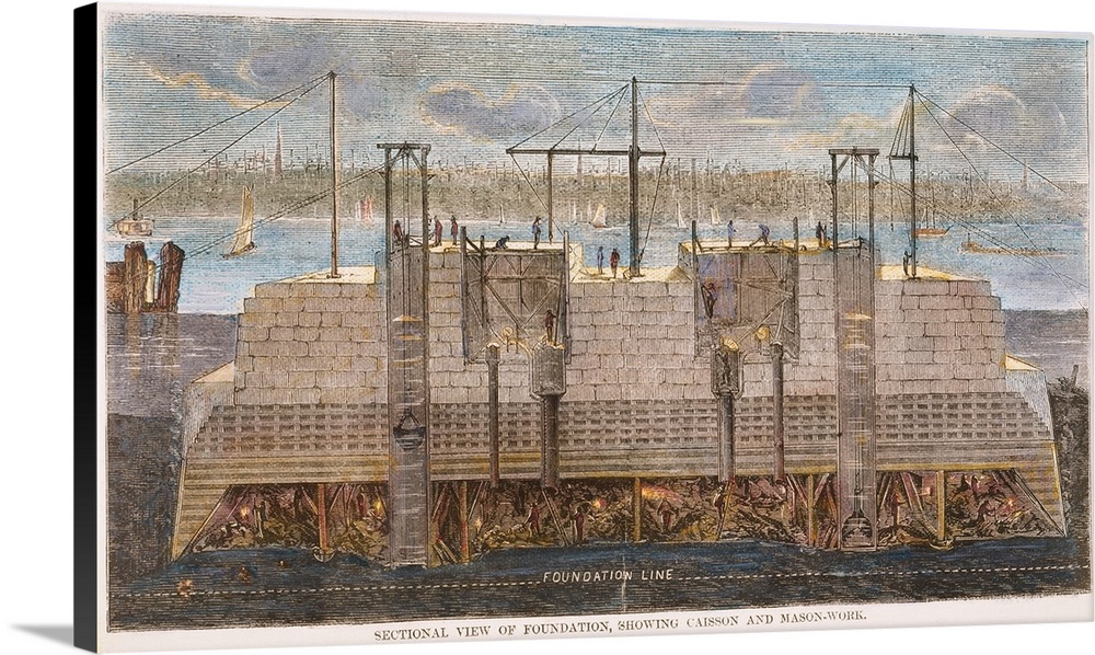 Sectional view of the caisson and masonry foundation of the Brooklyn Bridge. Wood engraving, American, 1870.