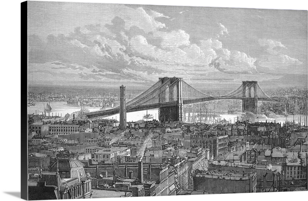 'The Brooklyn Bridge over the East River, between Long Island and New York.' Wood engraving, 1883.