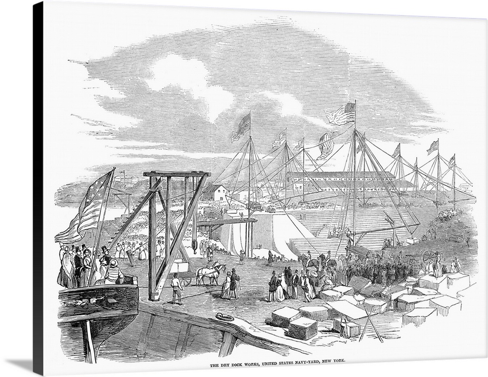 The dry dock works at the United States Naval Shipyard in Brooklyn, New York. Wood engraving from an English newspaper of ...