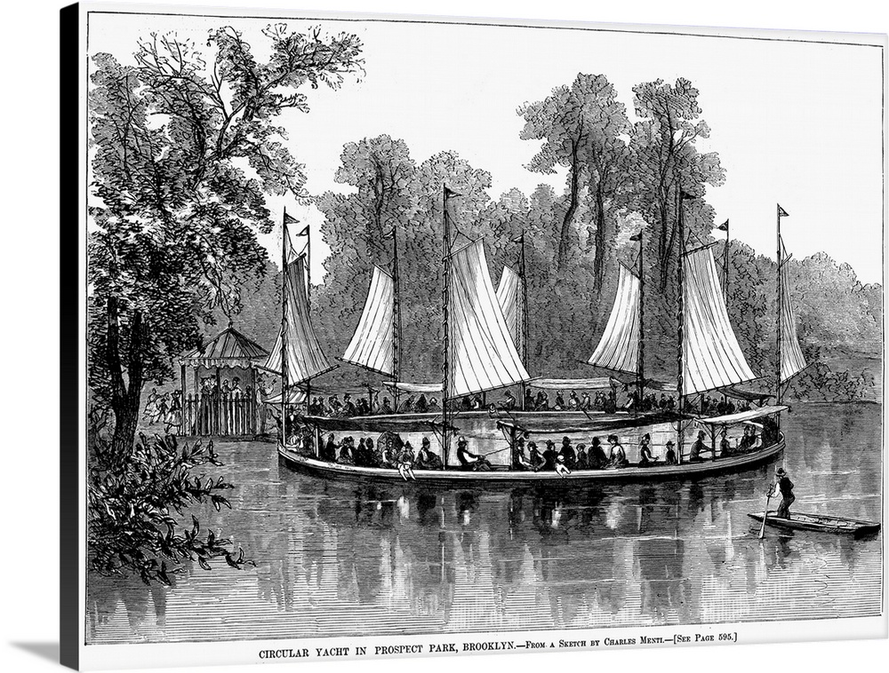Circular yacht in Prospect Park, Brooklyn. Wood engraving, 1878.