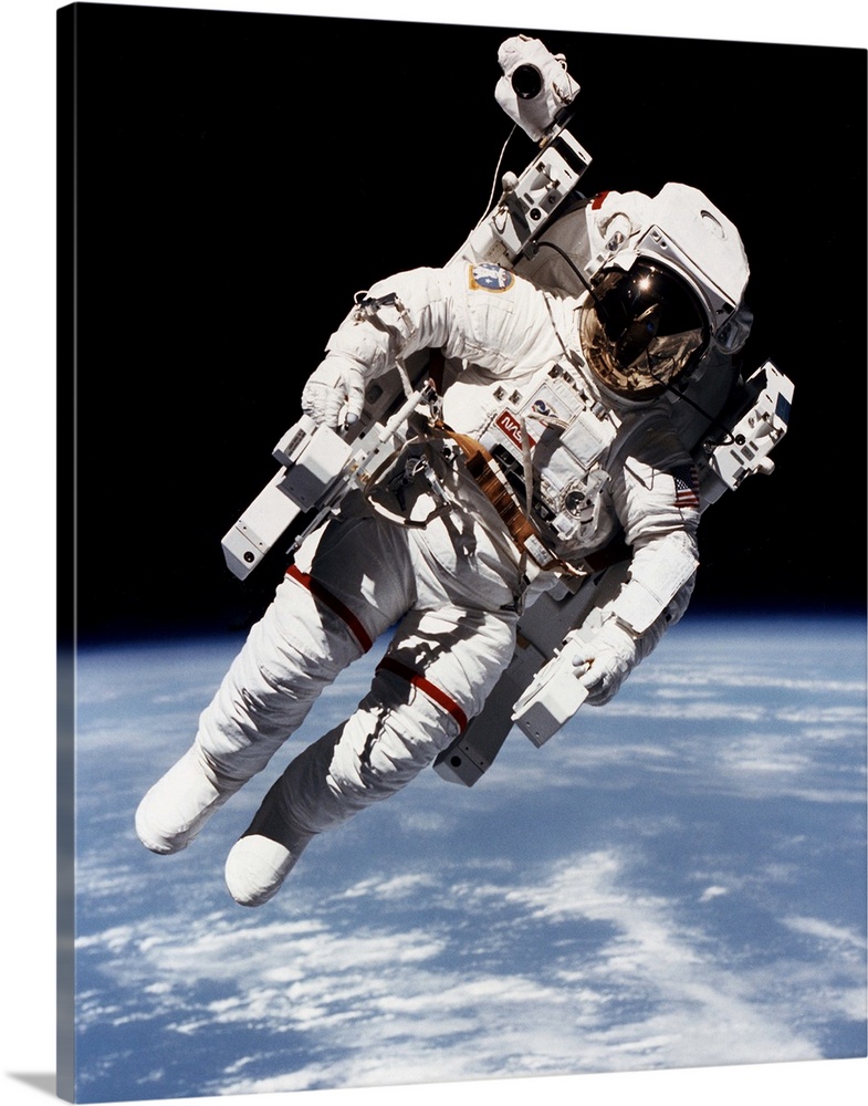 Bruce McCandless floating free from spacecraft in orbit, 1984