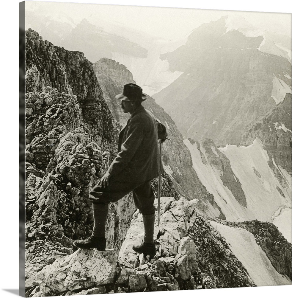 Canada, Rocky Mountains. Climber On the Summit Of Mount Whyte In the Rocky Mountains, Alberta, Canada. Stereograph, C1908.