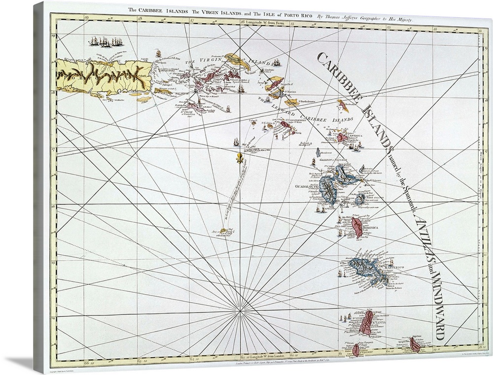 Caribbean, Map, 1775. English Engraved Map Of 'The Caribee Islands' From Puerto Rico To Barbados By Thomas Jefferys, 1775.