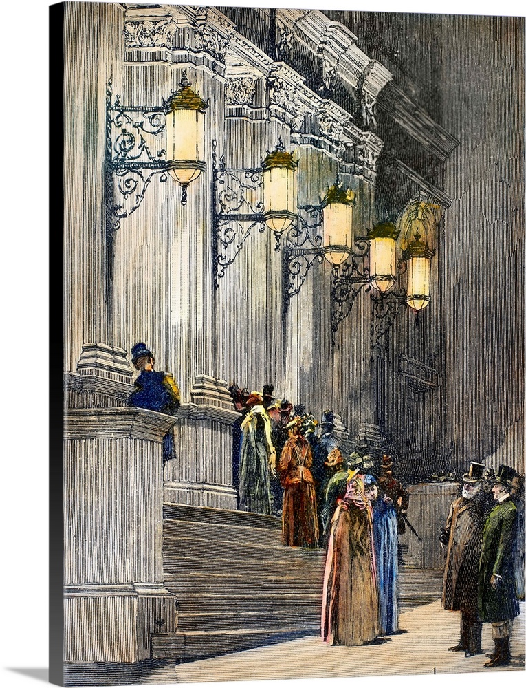The 57th Street entrance of Carnegie Hall in New York City at its opening in May 1891. Contemporary American line engraving.