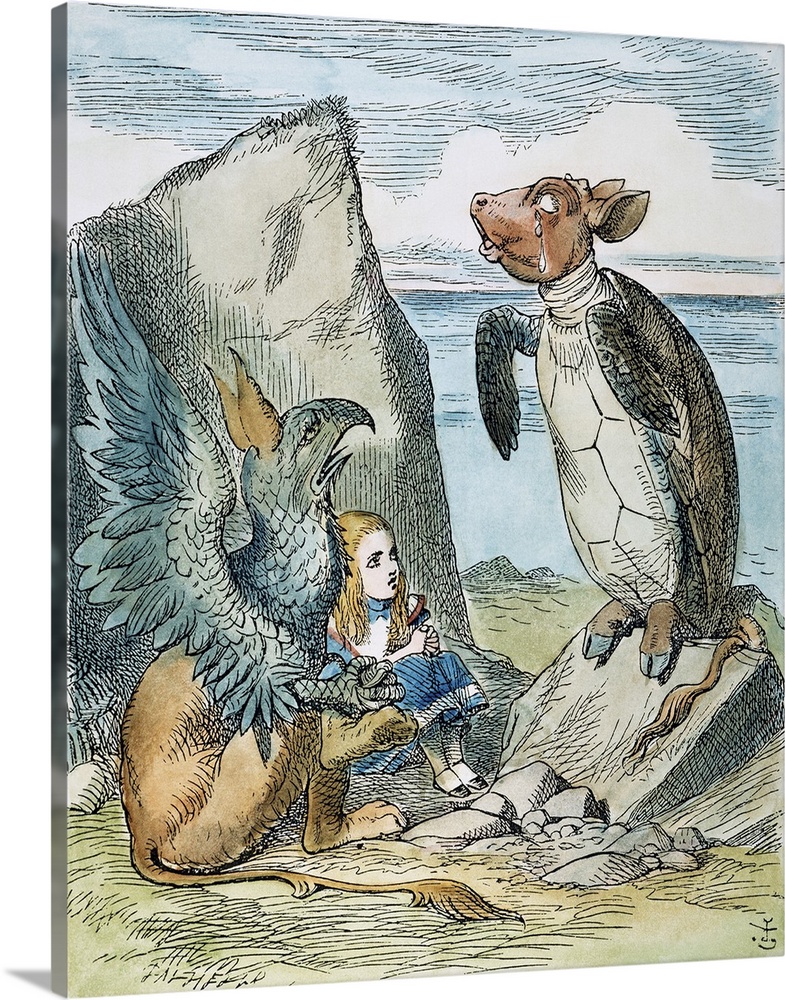 Alice and the Gryphon listen to the Mock Turtle's story. Wood engraving after Sir John Tenniel for the first edition of Le...