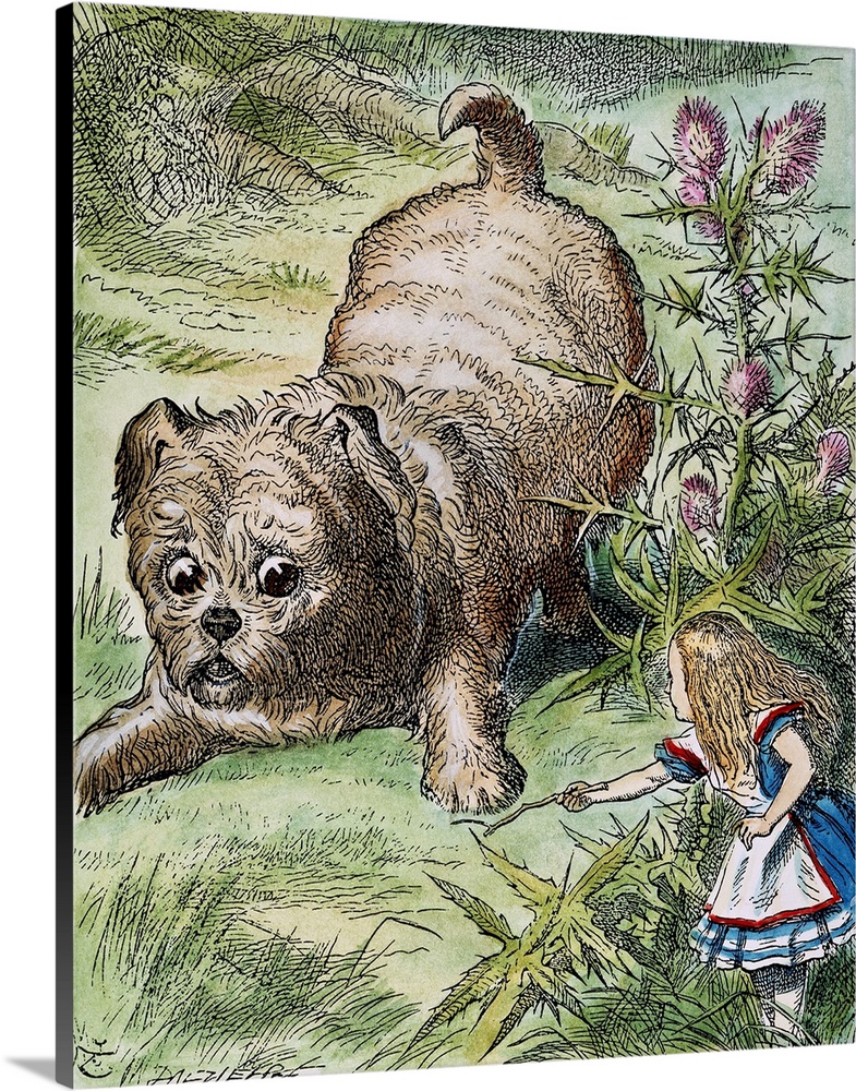 Alice encounters the enormous puppy: after the design by Sir John Tenniel for the first edition of Lewis Carroll's Alice's...