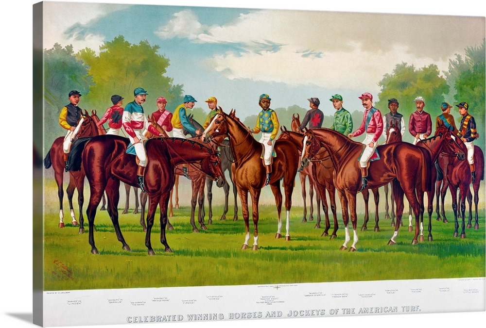 'Celebrated winning horses and jockeys of the American turf.' Lithograph by Currier and Ives, 1889.