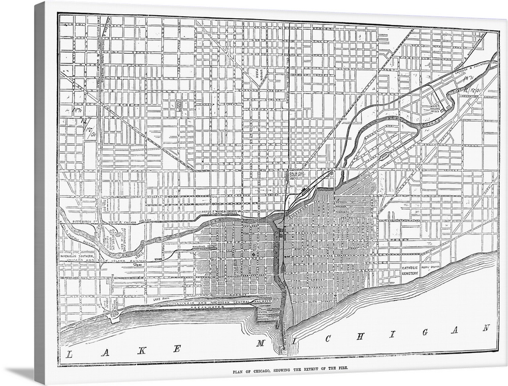 Chicago Fire Map, 1871. Plan Of Chicago Showing the Extent Of the Fire Of 8-10 October 1871. Wood Engraving From A Contemp...