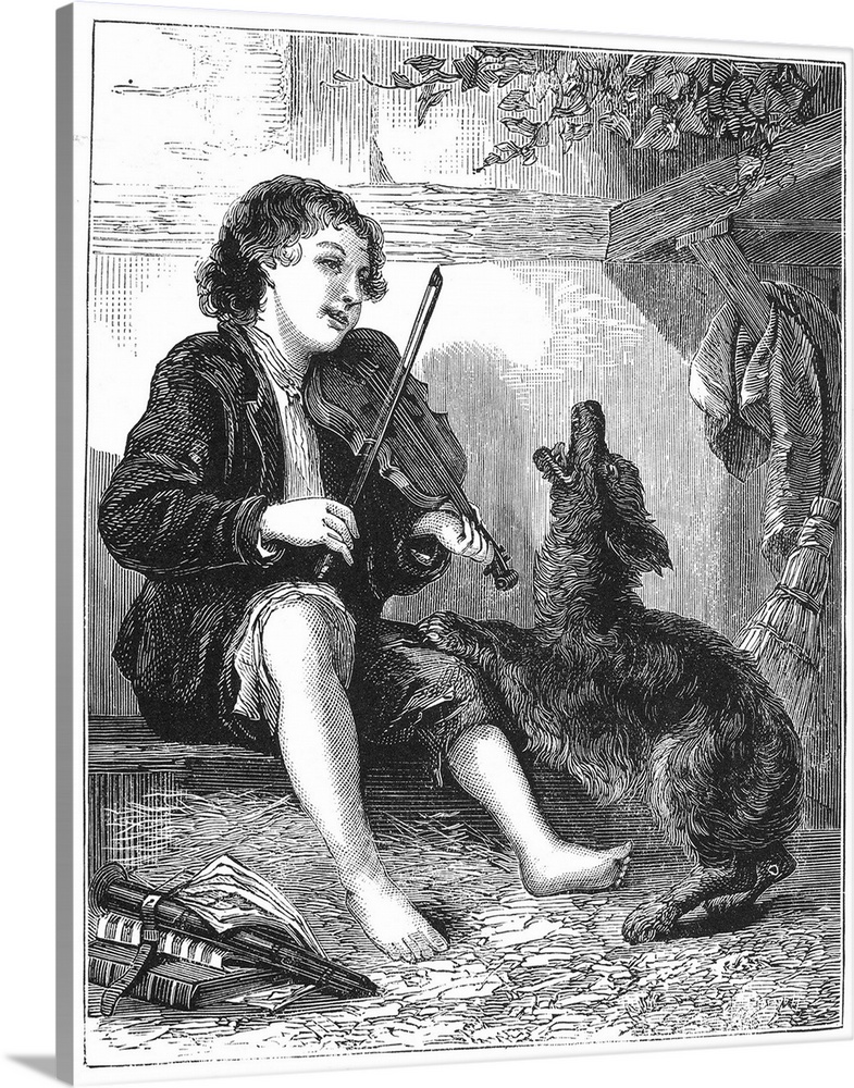 Child Playing Violin. Wood Engraving, American, Late 19th Century.