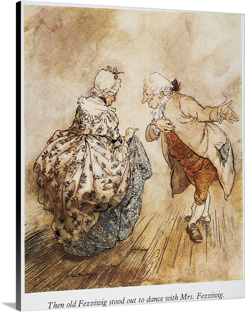 Mr and Mrs Fezziwig dancing. Illustration by Arthur Rackham for Charles Dickens' 'A Christmas Carol.'