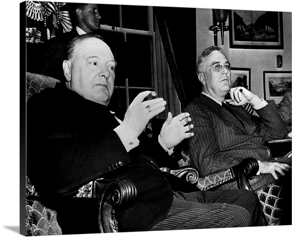 Prime Minister Winston Churchill and President Franklin D. Roosevelt photographed during a press conference in Washington,...