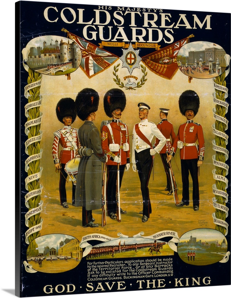Recruiting poster for His Majesty's Coldstream Guards. Lithograph by Ernest Ibbetson, 1914.