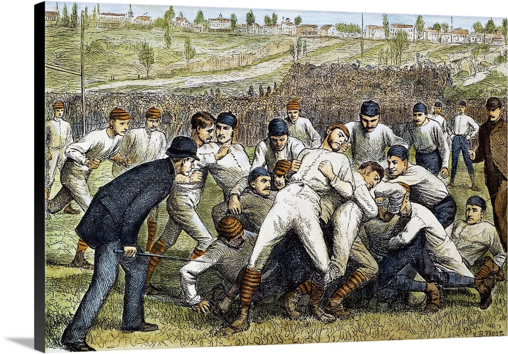 The football game between Yale and Princeton on 27 November 1879: contemporary colored engraving.