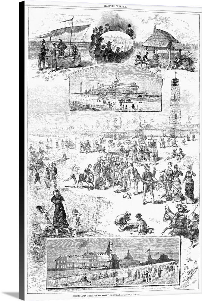 Scenes from a summer day at Coney Island, Brooklyn, New York. Wood engravings after W.A. Rogers, 1878.