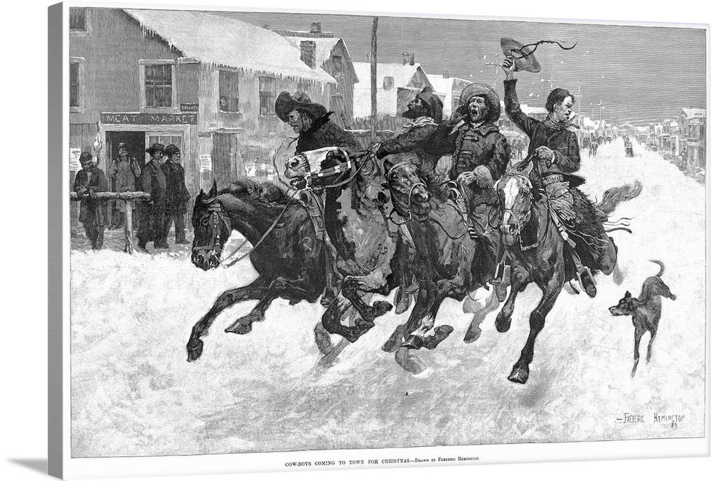 Cowboy Christmas, 1889. 'Cow-Boys Coming To Town For Christmas.' Engraving After A Drawing By Frederic Remington, 1889.
