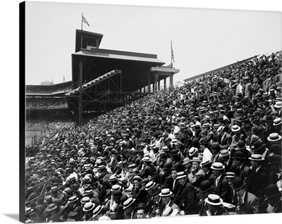 Crowd in the bleachers section at a baseball game at Forbes Field in Pittsburgh