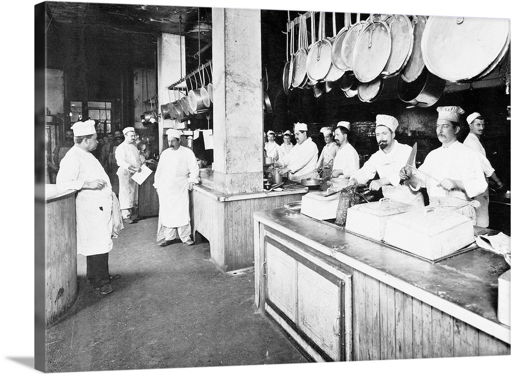 The kitchen of Delmonico's Restaurant, New York City. Photographed by Joseph Byron, 1902.