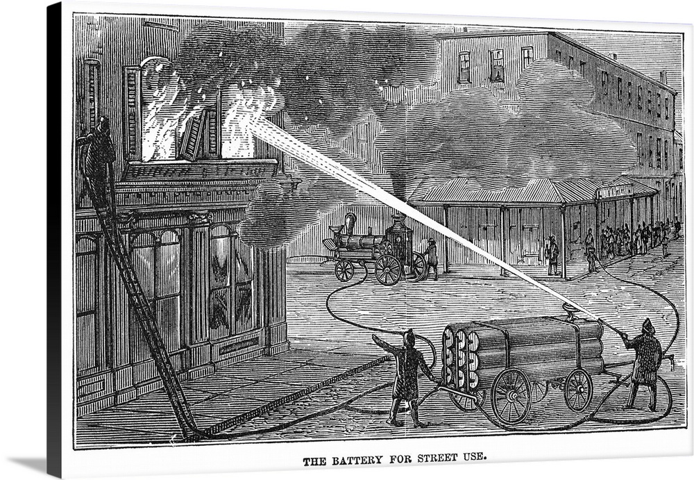 Demonstration of a battery for fighting fires from the street, at 59th Street and 11th Avenue in Manhattan, using the Hast...
