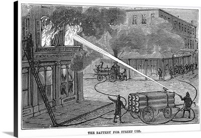 Demonstration of a battery for fighting fires from the street, Manhattan, 1876