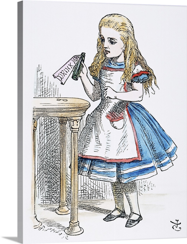 Alice finds the bottle labeled 'Drink Me.' After the design by Sir John Tenniel for the first edition, 1865, of Lewis Carr...