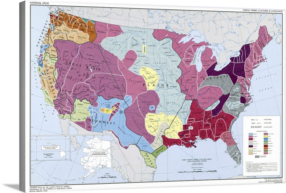 Map, American Indians. 'Early Indian Tribes, Culture Areas And Linguistic Stocks.' Map Compiled By William C. Sturtevant, ...
