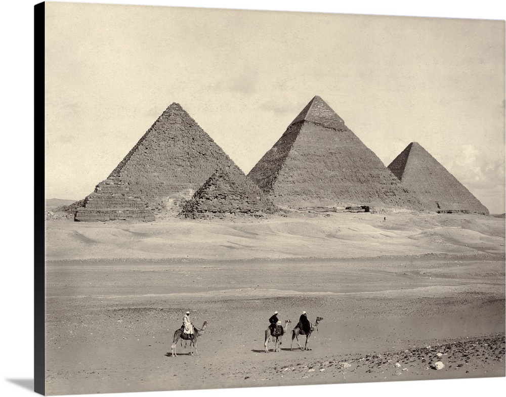 Egypt, Pyramids At Giza. the Pyramids At Giza, Egypt, With three Travelers In the Foreground. Photograph, Late 19th Century.