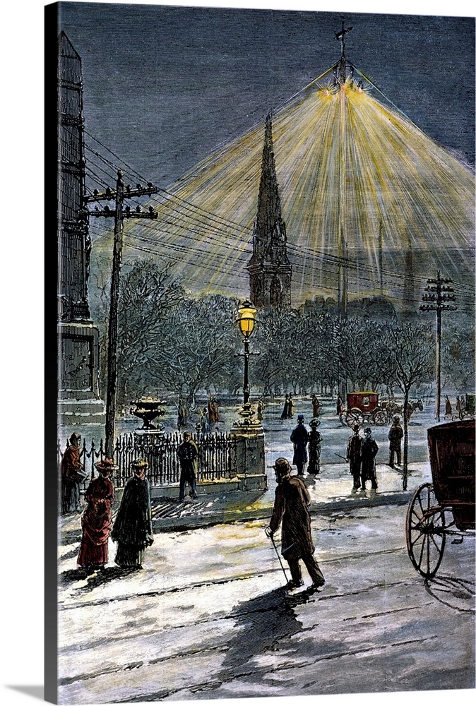 One of the first electric streetlights in New York City, erected at Madison Square in 1881. Wood engraving, American, 1882.