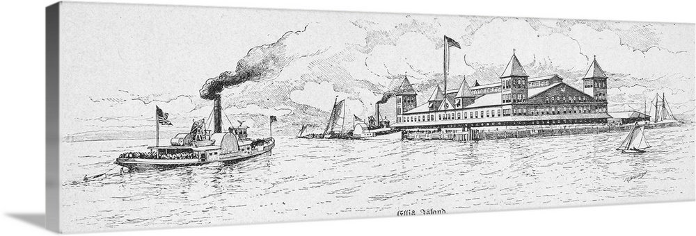 Ellis Island, in Upper New York Bay, the main U.S. immigrant station from 1891 to 1945. Line drawing, 1891.