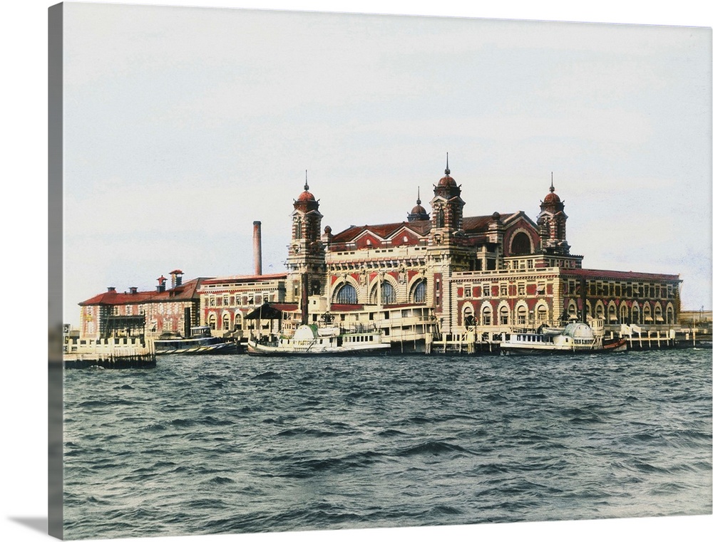 The immigrant landing station at Ellis Island, in Upper New York Bay, 1905. Oil over a photograph.