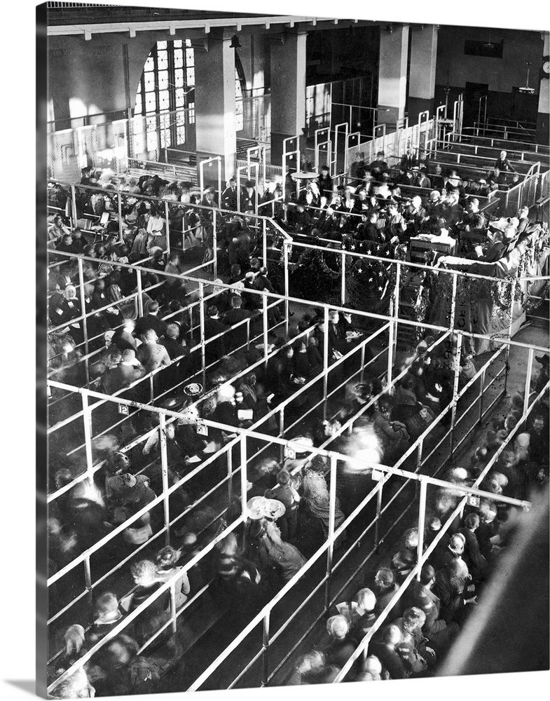 Clearance lines in the registry room of the immigration station in New York Harbor, Christmas 1906.