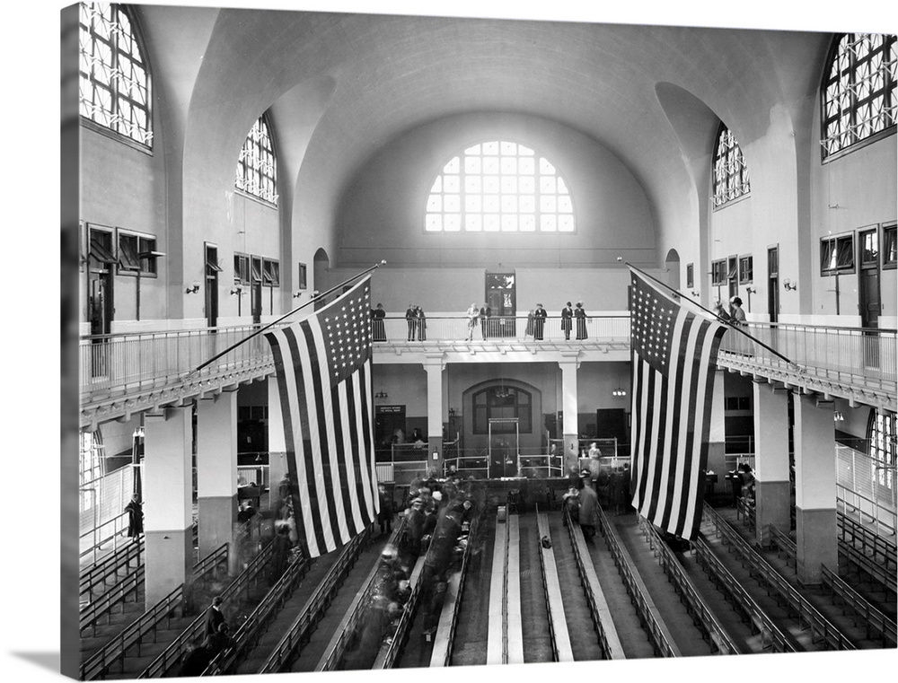 The 'Great Hall' at the immigration station in New York Harbor, where medical inspectors checked the arrivals. Photograph,...