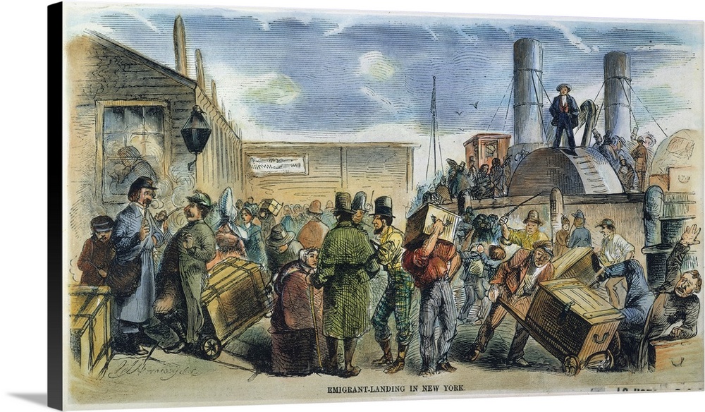 Arriving in New York City: colored engraving, 1858.