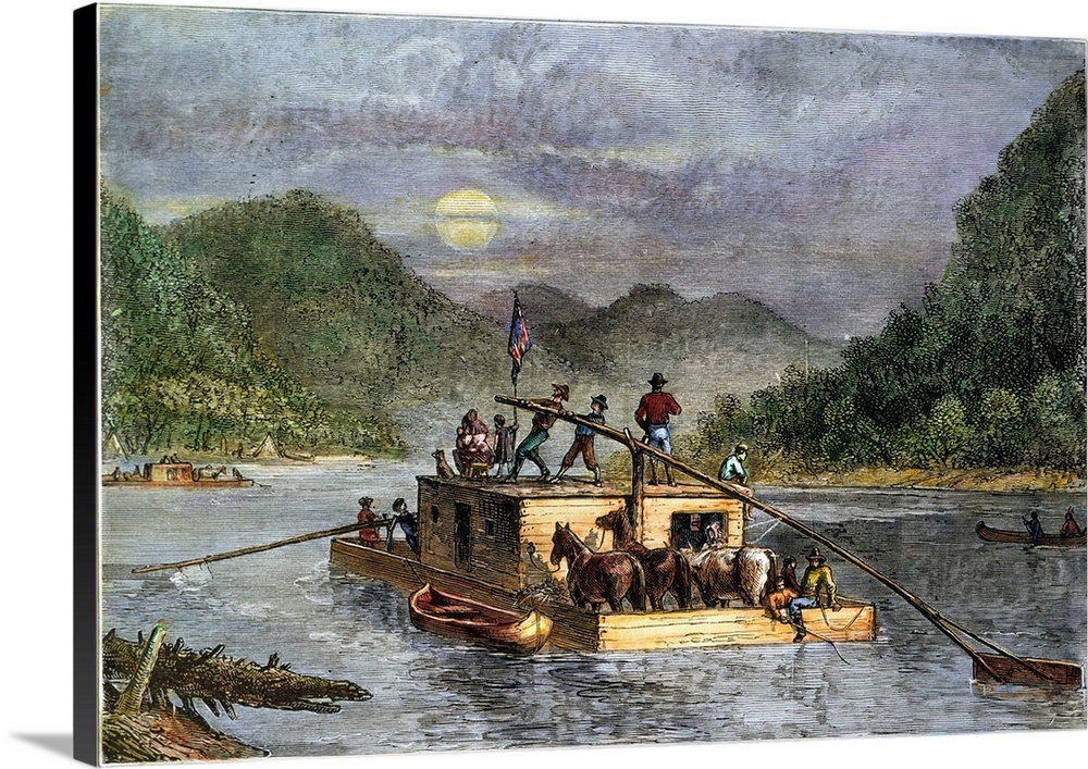 Flatboat, 19th Century. Emigrants Traveling By Flatboat On the Missouri River. Wood Engraving, American, 19th Century.