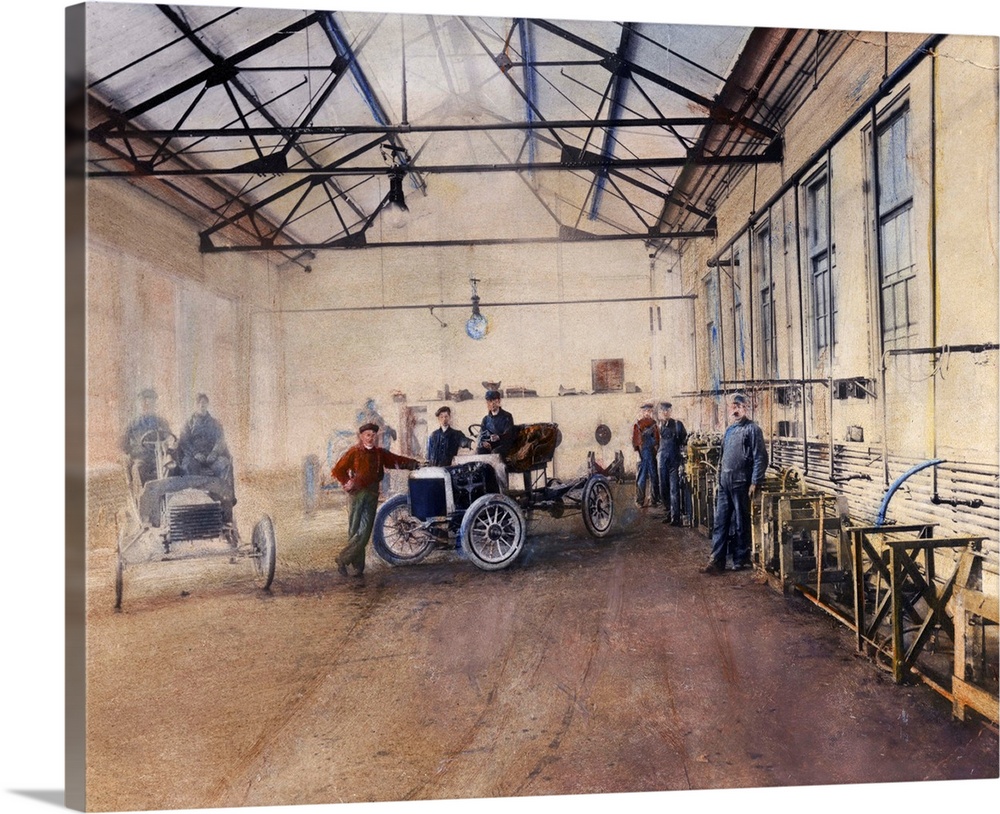 Testing at Henry Ford's Piquette plant c1905. Oil over photograph.