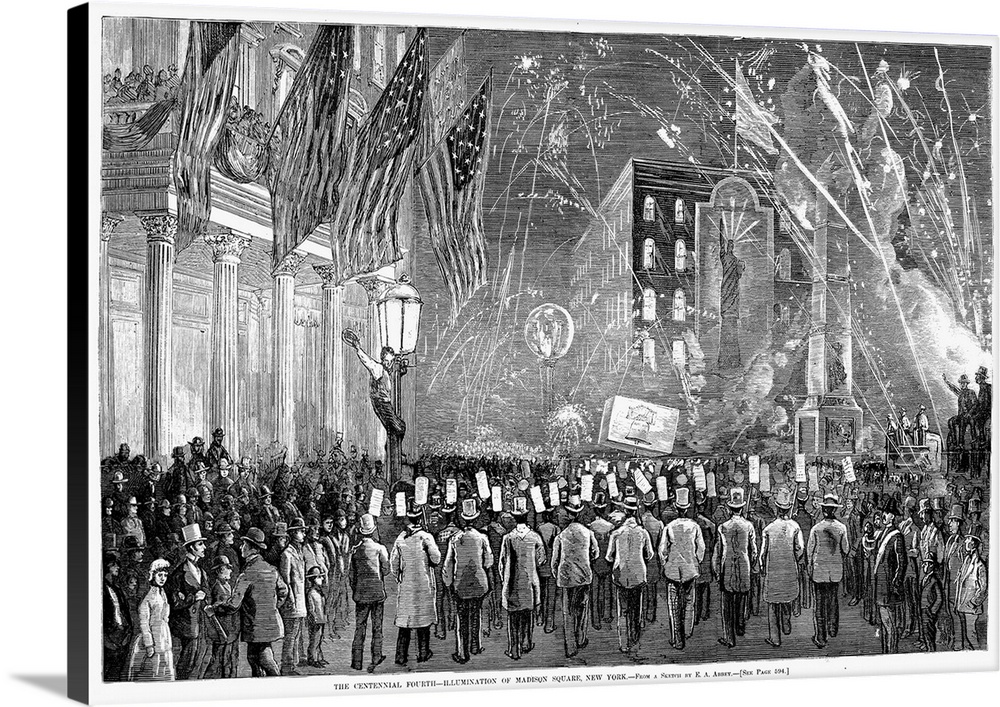 Celebrating the Centennial Fourth of July in Madison Square, New York City, in 1876. Wood engraving from a contemporary Am...