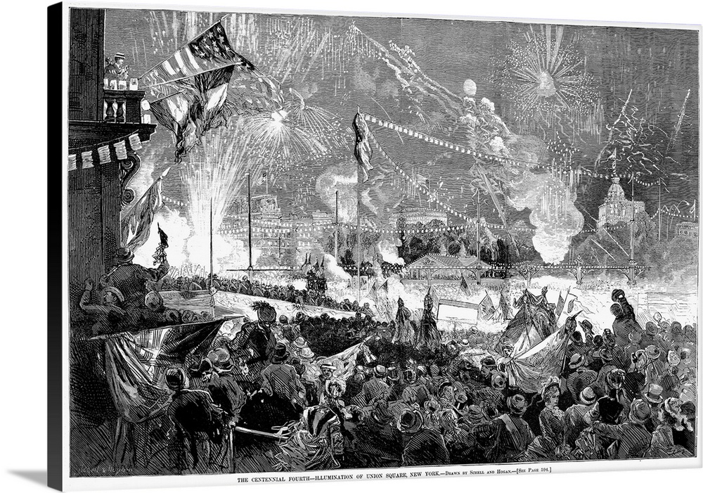 Celebrating the Centennial Fourth in the illuminated Union Square, New York City, in 1876. Wood engraving from a contempor...