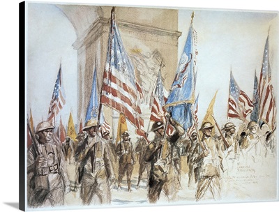 French and American troops marching near the Arc de Triomphe in Paris, on Bastille Day