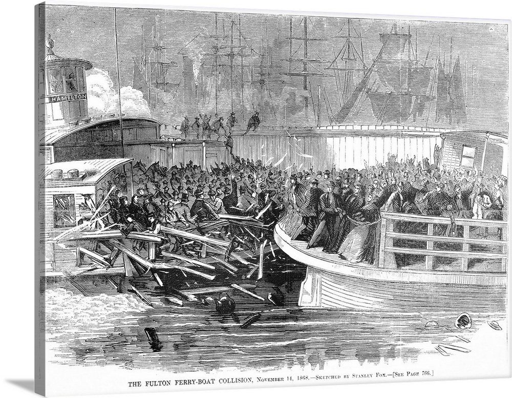 The Fulton Ferry boat collision in New York City on 14 Novermber 1868. Wood engraving from a contemporary American newspaper.