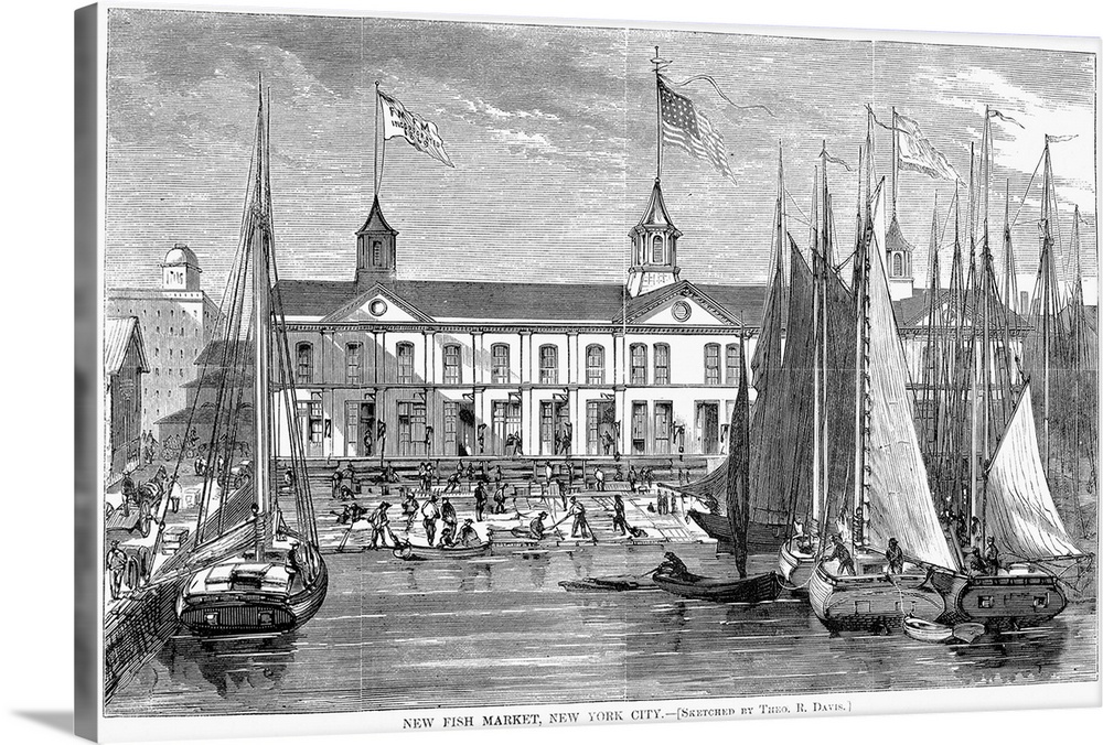 The new building of the Fulton Fish Market opened in October 1869. Contemporary wood engraving.