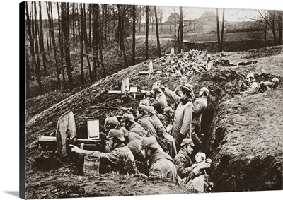 German rapid-fire guns in action near Darkehmen, Prussia, during World War I, 1916