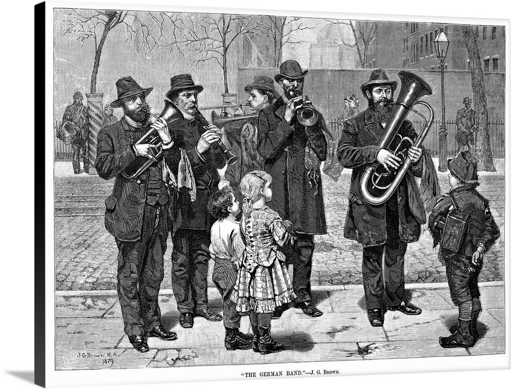 A German street band performing in New York City. Wood engraving, American, 1879, after a painting by John George Brown.